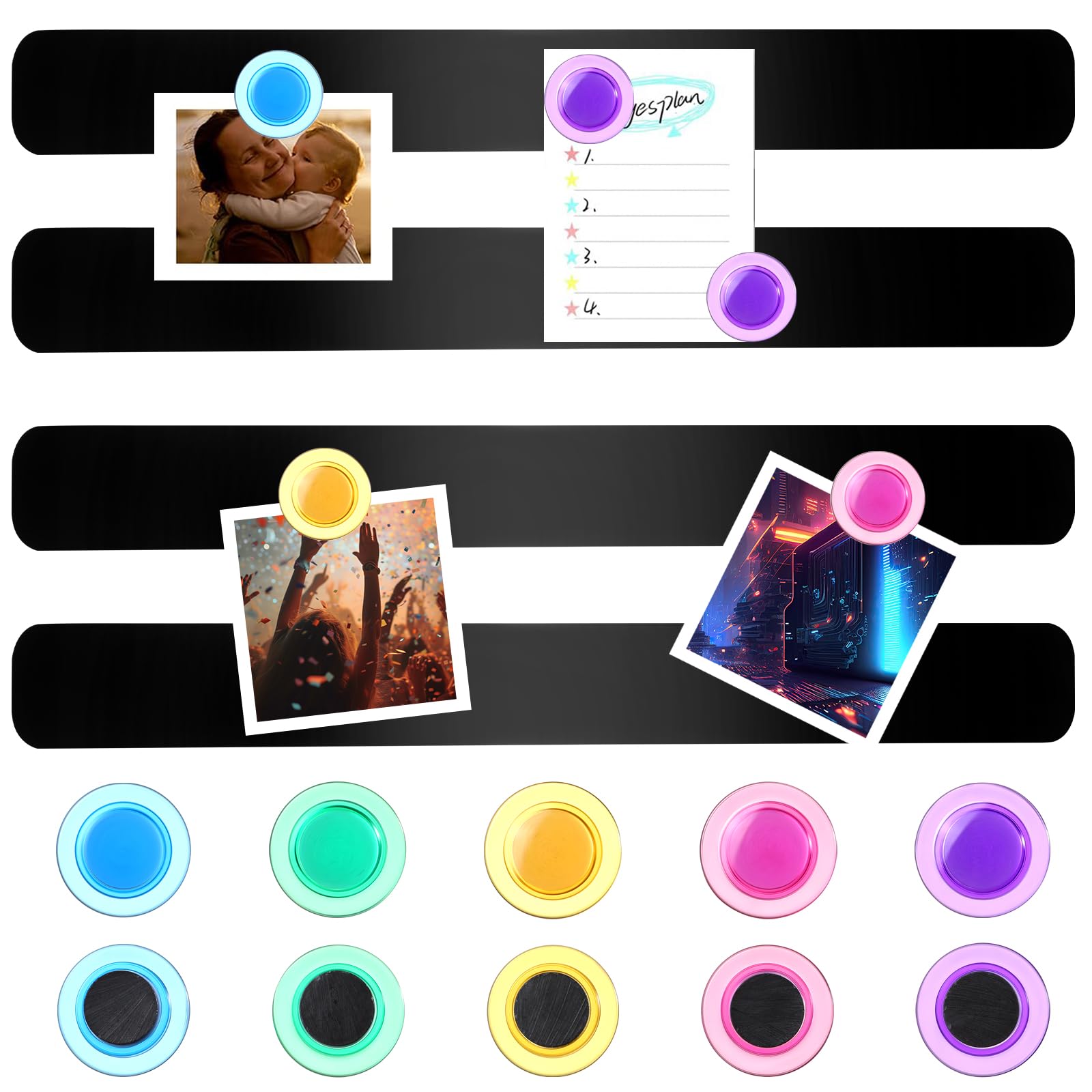 Linxiu Black 4 Pcs Magnetic Stainless Boards Strips 26 X 300 Mm Adhesive Backing Bulletin Bar Board Memo Strip With Colorful Magnets For Wall