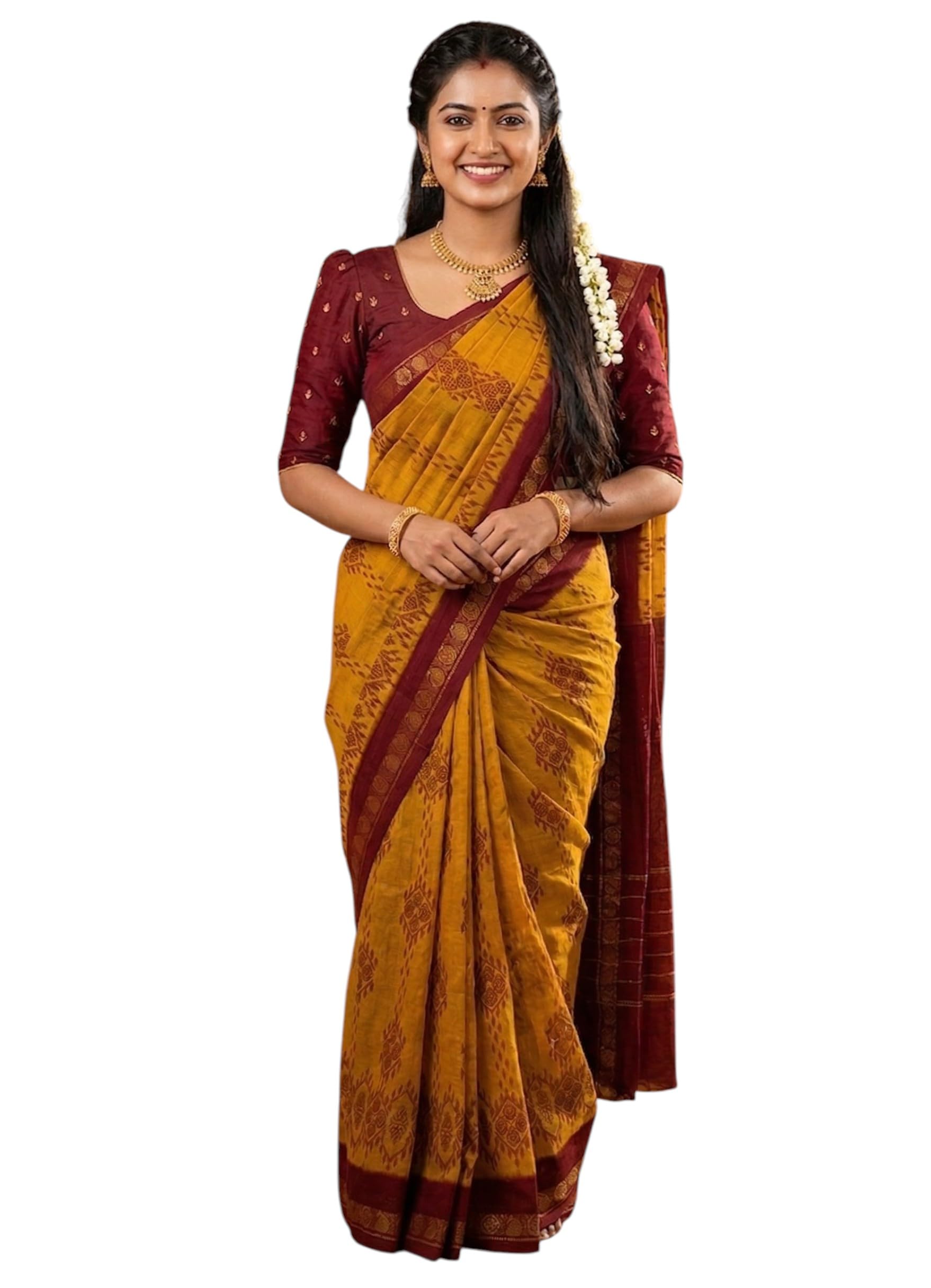 liasri Women's Soft Printed Cotton Saree | Yellow with Maroon Ethnic Motifs & Traditional Zari Border | Daily Wear Saree Without Blouse-picture-12