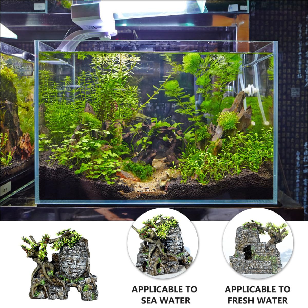 Décoration D'aquarium en Résine, Château Bouddha Simulation Grotte Cachée pour Poissons, Ornement Paysager 1 Pièce, Adapté Eau Douce et Eau Salée, Abri Décoratif pour Aquarium