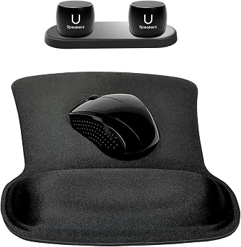 Fashionit U Speakers Bluetooth Pro Speakers & Charging Tray Travel Home Office Bundle with Black Wireless Mouse X3000 G2, Coordinating Gel Mouse Pad, for Modern Workspace