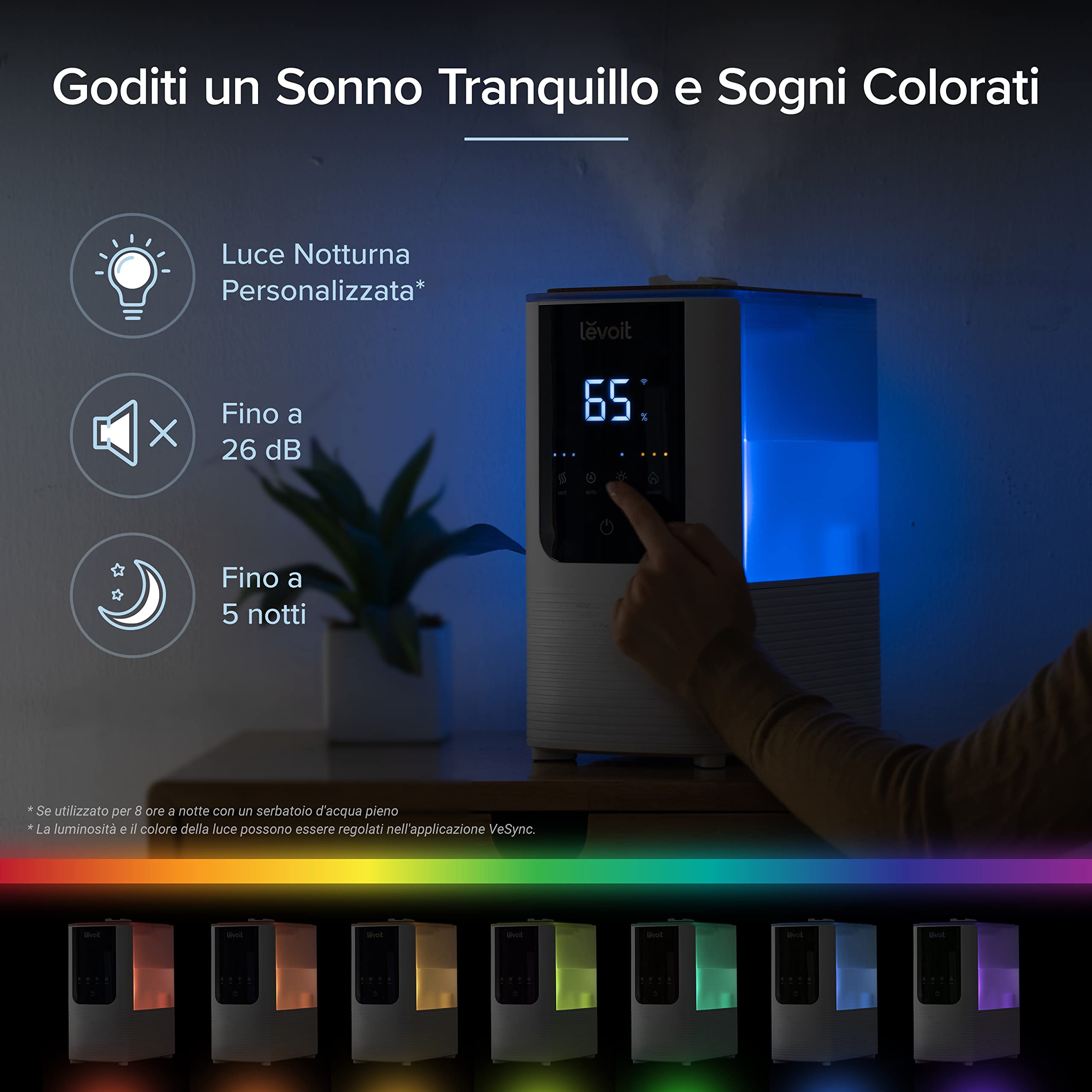 LEVOIT Umidificatore Ambiente Intelligente con Nebbia Calda e Fredda per 45 ore e 40 m², Modalità Auto, Luce Personalizzata, Silenzioso a 26 dB per Neonati e Piante, Timer, OasisMist