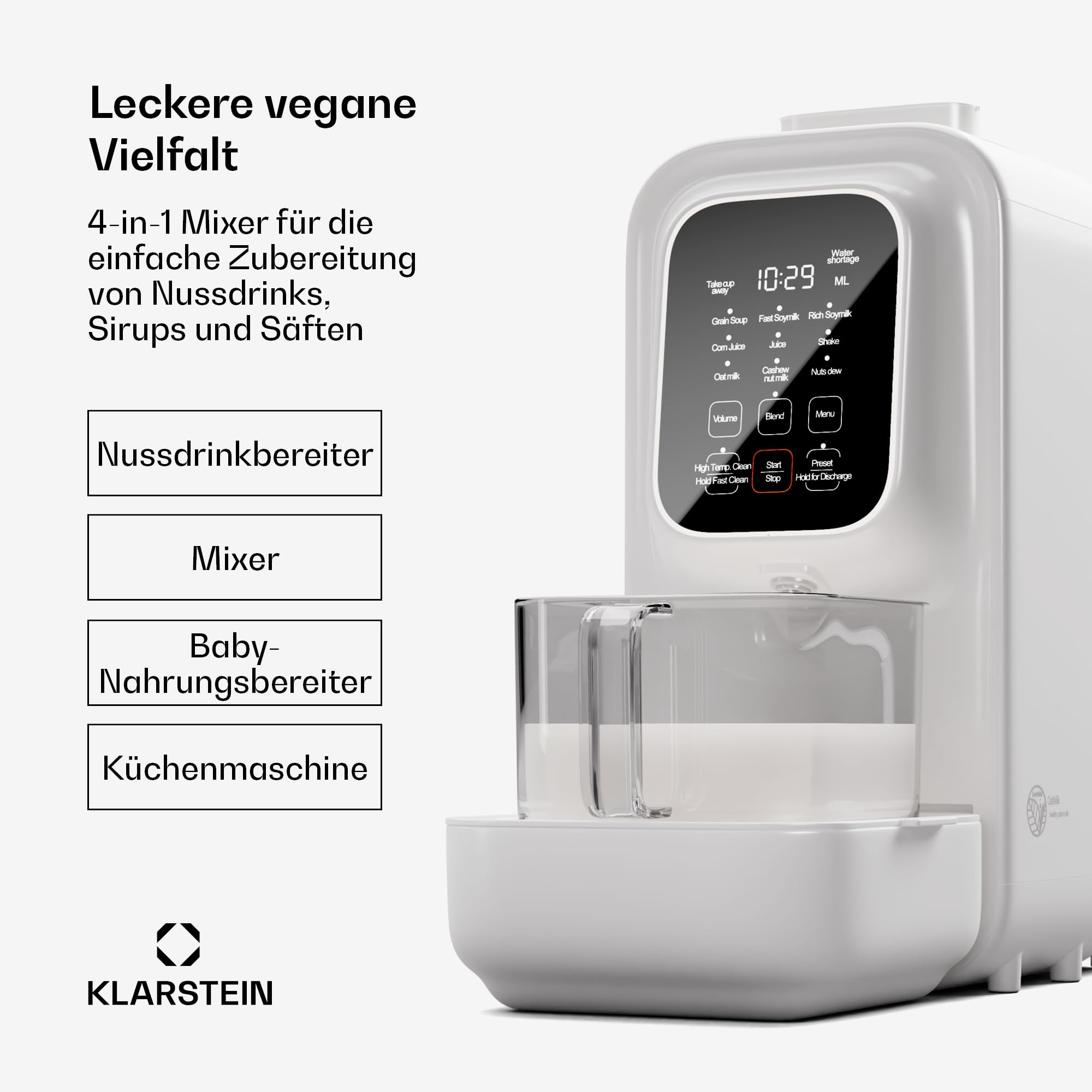 Klarstein Pflanzenmilchbereiter, Digitale Sojamilch Maschine, Nussmilchbereiter, Selbstreinigend
