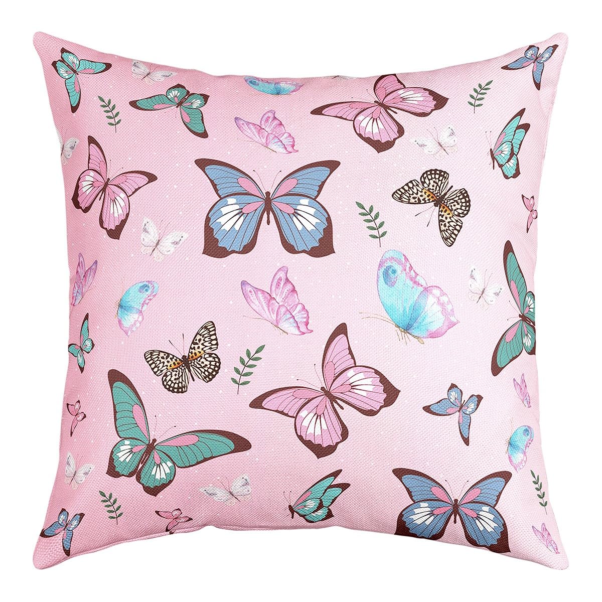 Federa Cuscino 45x45 Cm Con Farfalle Grigie E Fiori Rosa Viola Blu - ZFENGYYUAN - 2
