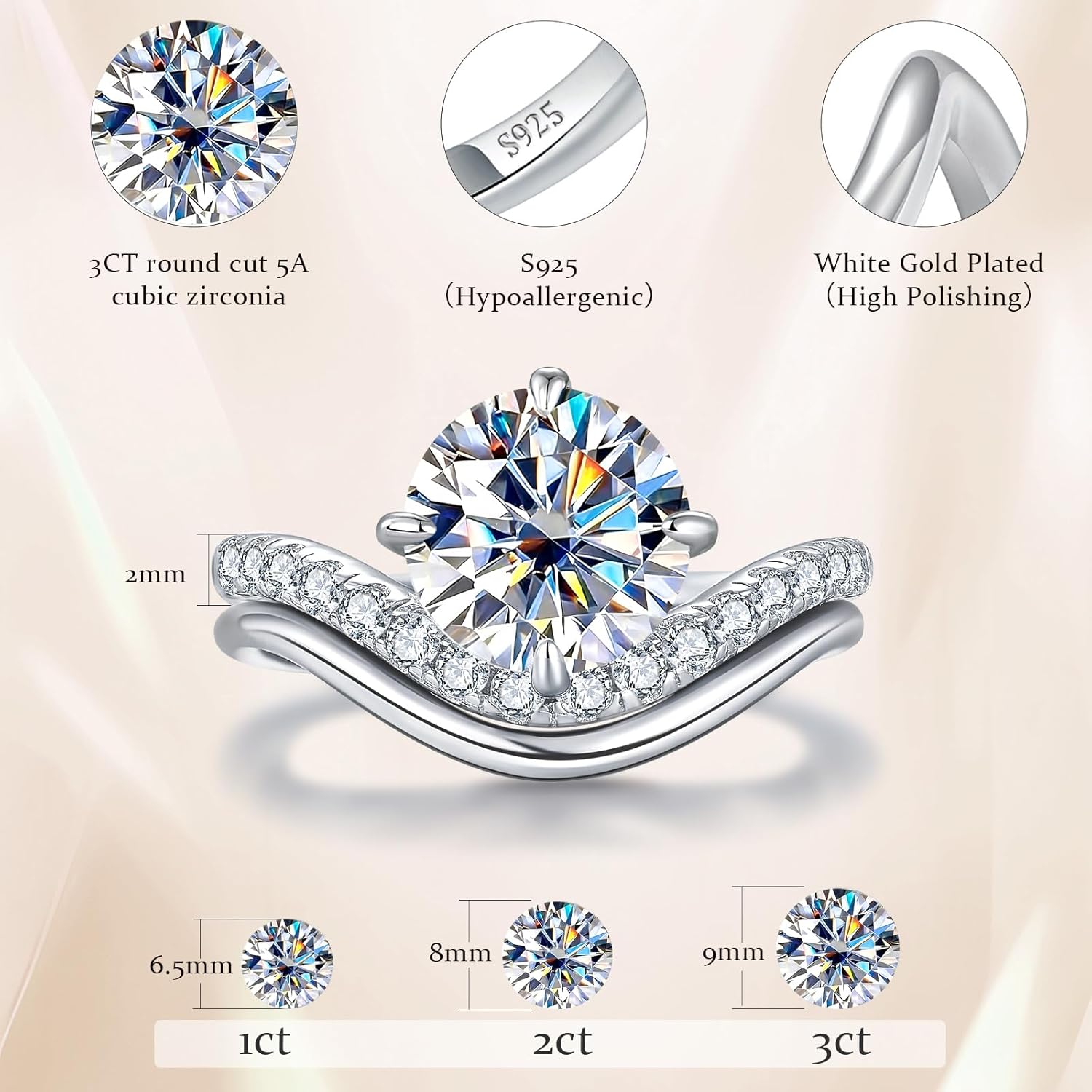 3CT Bridal Sets for Women, S925 Sterling Silver White Gold Filled Round Cut Cubic Zirconia Curved Wavy Engagement Ring Wedding Ring Set Anniversary Promise Rings for Her Size 5-9 - Image 4