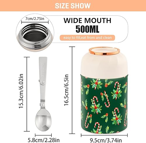 Miniatura 3 de MCHIVER Christmas Candy Cane Food Jar with Spoon Stainless Steel Vacuum Insulated Food Container 17 oz Food Flask for Adults