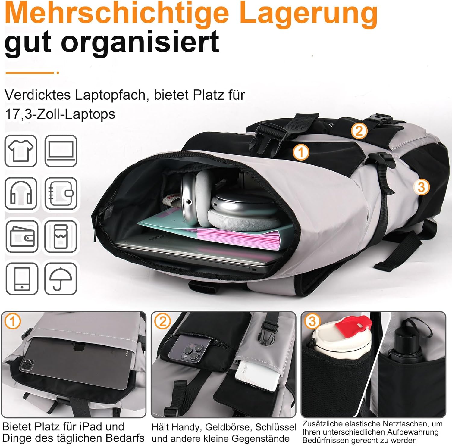 BJIAX Rolltop Rugzak voor dames, grote laptoprugzak voor heren, zwart, waterdicht, met computervak, 16 inch, rugzak, schoolrugzak, waterdichte reisrugzak, handbagage, vliegtuig, werk, reizen