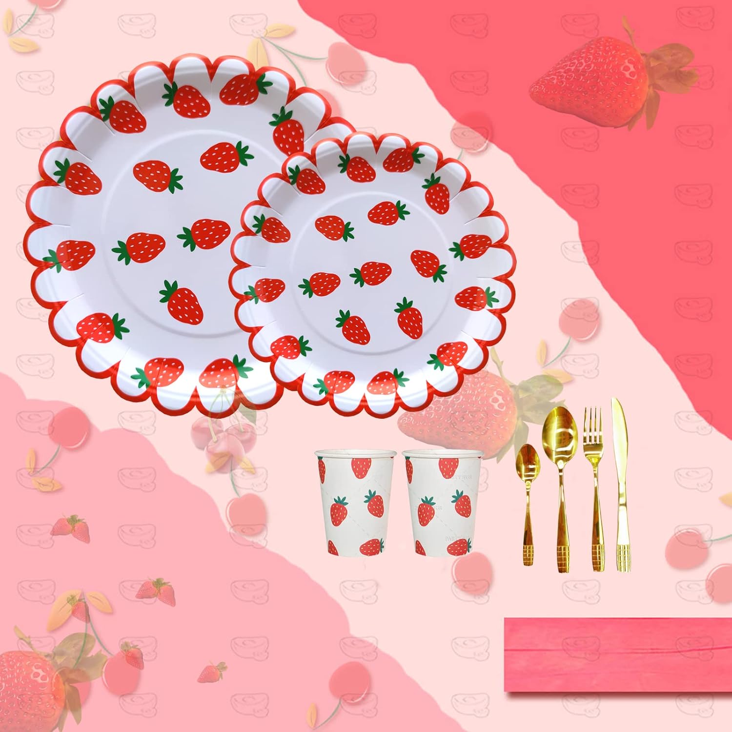 64 Piece Strawberry Party Cutlery Set for 16 People - Birthday Table Decoration Supplies, Summer Fruit Paper Plates, Napkins, Forks - Red