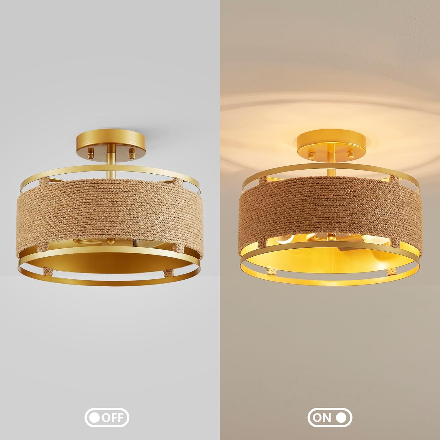 Drum Rattan Ceiling Light, 3-Light Rattan Shade with Gold Finished Metal, Boho Coastal, Hand Woven Hemp Rope Lighting Fixture, D12.6*H8.9inch, for Living Room, Dining Room, Bedroom
