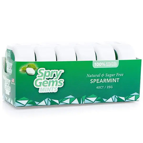 Spry Gems Natural Sugar-Free Xylitol Mints, On The Go Oral Care for Dry Mouth, Increase Saliva Production and Stop Bad Breath, Non-GMO, Gluten-Free - Spearmint 40 Count (Pack of 6) 1