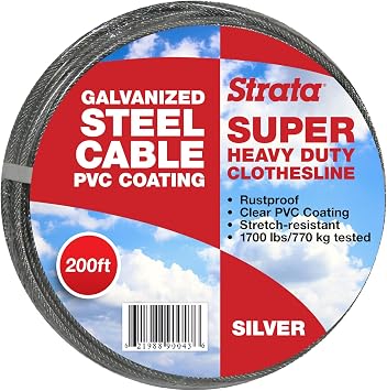 Strata 200 Feet Clothesline Outdoor Heavy Duty Galvanized Wire Steel Cable, Silver PVC Coating - Clothes Line Wires for Outside Laundry Drying