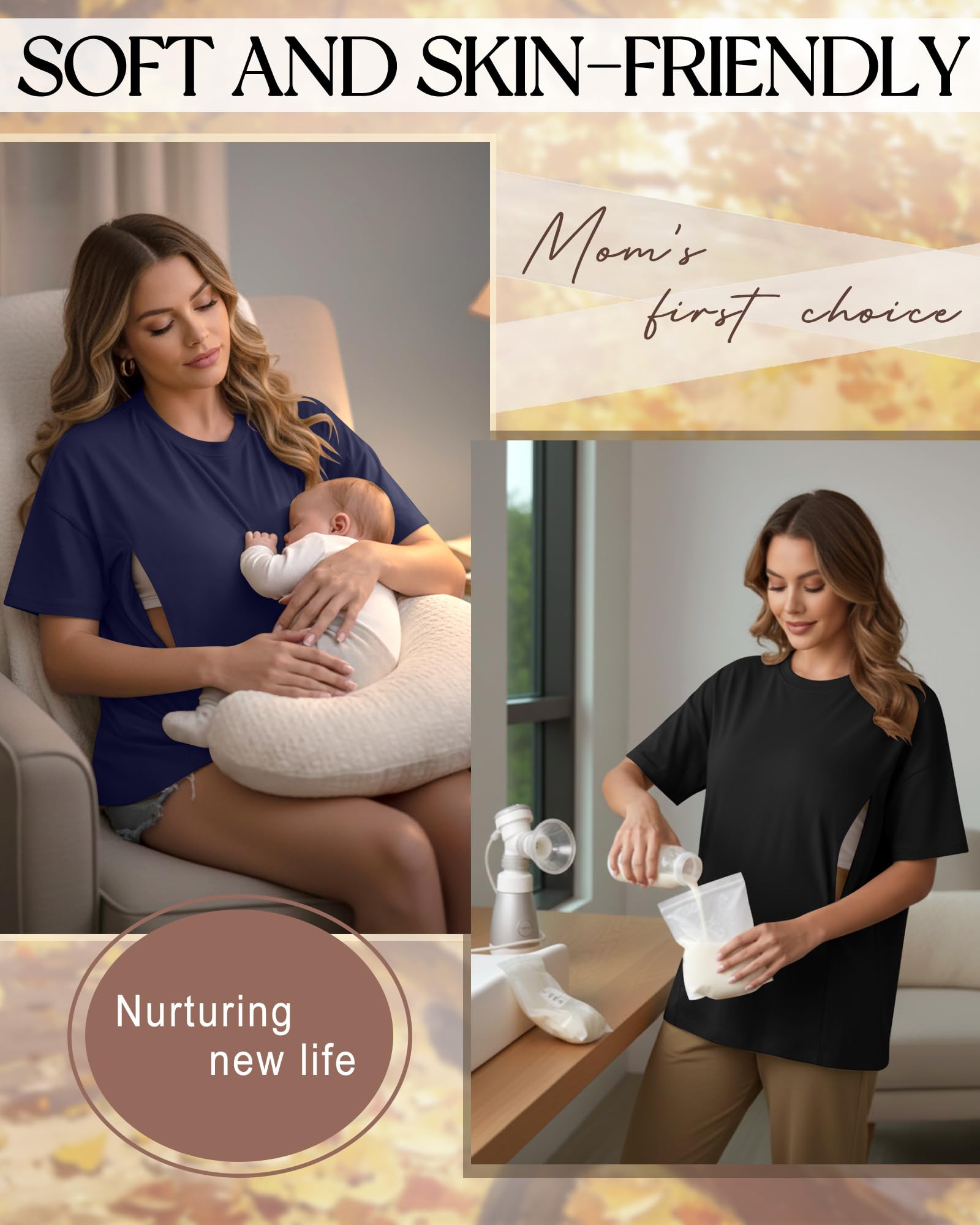 Xuniea Confezione da 3 Magliette Oversize da Donna per Allattamento, con Cerniera Nascosta, Maniche Corte e vestibilità Ampia