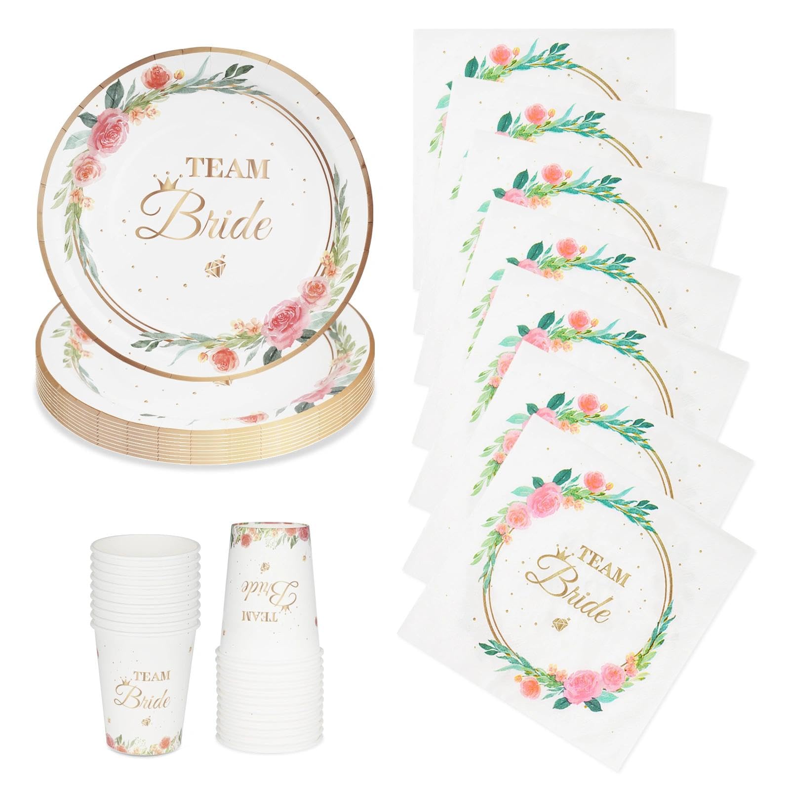 72Pcs Team Bride Hen Party Plates Cups Napkins, Disposable Bridal Shower Decorations, 7 Inch Paper Plates & 2-ply Napkins, Pink Rose Gold Floral Tableware Set for Bachelorette Party Decorations