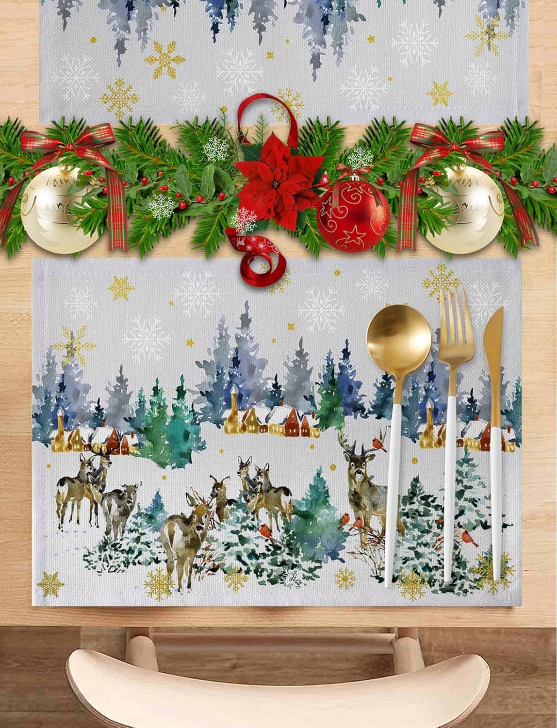 Christmas Elk Placemats Set of 6, Winter Forest Non-Skid Place mats, Pine Snowflakes Xmas Holiday Table Mats, Washable Stain-Resistant Tablemats for Party/Dining Room/Kitchen Decorations