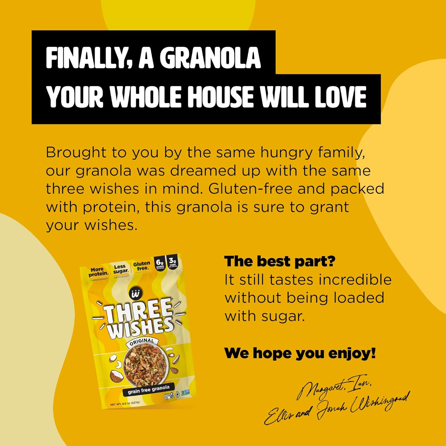 Three Wishes Granola, Original (4-Pack) - Gluten Free Granola, 6g Protein & 3g Sugar Healthy Breakfast & On-the-Go Snack - Vegan, Kosher & Grain-Free