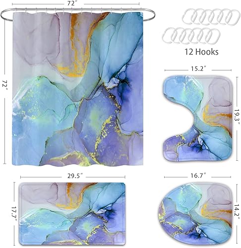 Miniatura 12 de Gibelle Juego de 4 cortinas de ducha de baño con alfombras antideslizantes, cubierta para tapa de inodoro y tapete de baño, juego de decoración