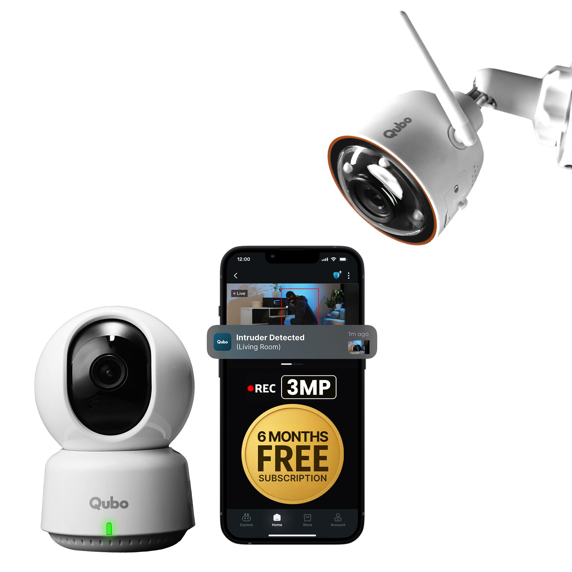 Qubo Smart Outdoor Bullet + 360° Indoor Camera Combo| Free 6-Month Subscription | 3MP 2K Resolution | WiFi CCTV | AI Person Detection | NightPulse Vision | 1 TB SD Card + Cloud Backup