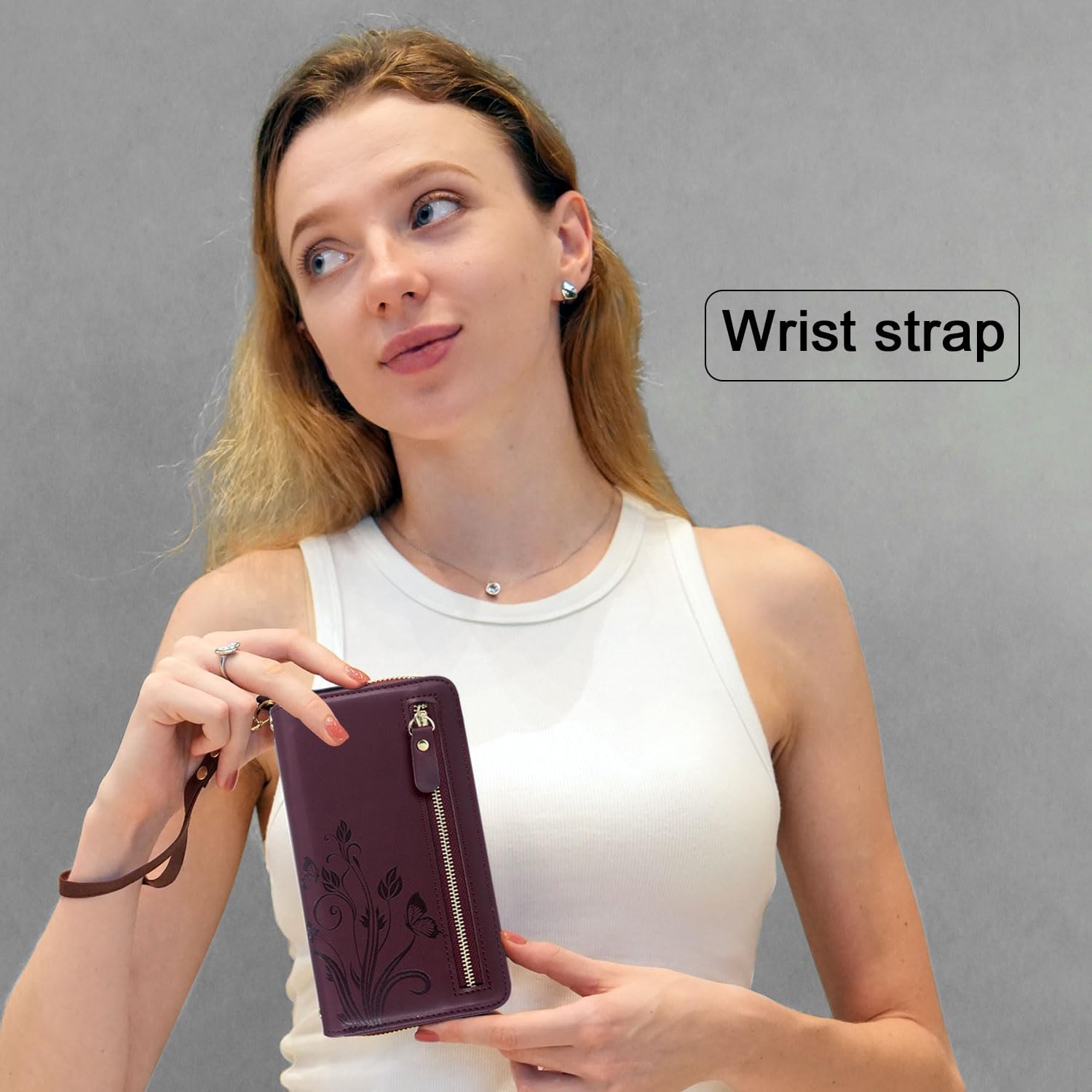 Lacass for Samsung Galaxy A16 5G Wallet Case,Crossbody Dual Zipper Detachable Magnetic Leather Wallet Case Cover Wristlets Wrist Strap 13 Card Slots Money Pocket(Floral Wine Red)