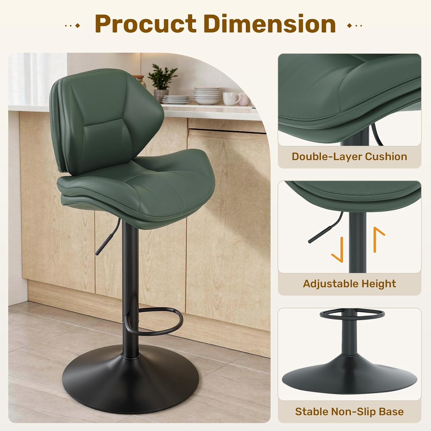 Nalupatio Swivel Bar Stools Set of 4, Double-Layer Filled Upholstered Bar Stools with Back, Adjustable Height Barstools, Faux Leather for Kitchen Island (Green)