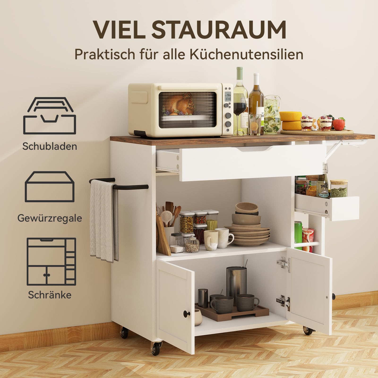 ARTETHYS Kücheninsel mit Klappbarer Arbeitsplatte, Rollwagen mit Schubladen und Türen, Servierwagen, Buffetschrank für Küche, Esszimmer & Outdoor, Weiß