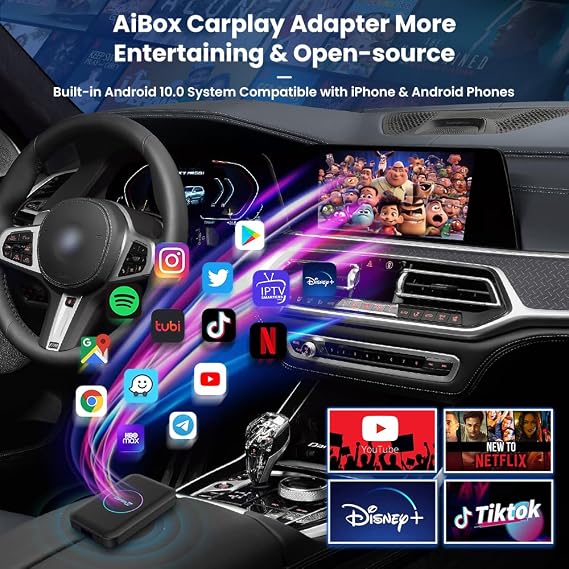 CarlinKit Wireless CarPlay Adapter Ai Box (LITE). Easy to use, plug and play. Converts to Wired Wireless. Netflix, YouTube, TikTok, etc. Compatible Android System and CarPlay and Android Auto.