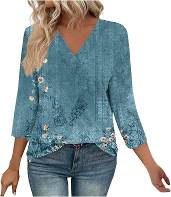 Summer 3/4 Sleeve Tops for Women 2025 Trendy V Neck Floral Tee Shirts Casual Spring Fashion Vintage Clothing
