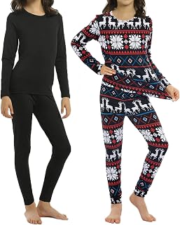 ViCherub Girls Thermal Underwear Set,Toddler Long Johns Ultra Soft Base Layer Fleece Lined Thermals Top and Bottom 2 Sets Black & Christmas XS