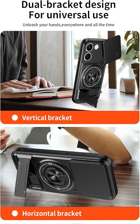 スライドカメラカバー スマホケース Xiaomi Poco X8 Pro用 リングホルダー&キックスタンド付き 磁気カーマウント対応 耐衝撃保護カバー ブラック