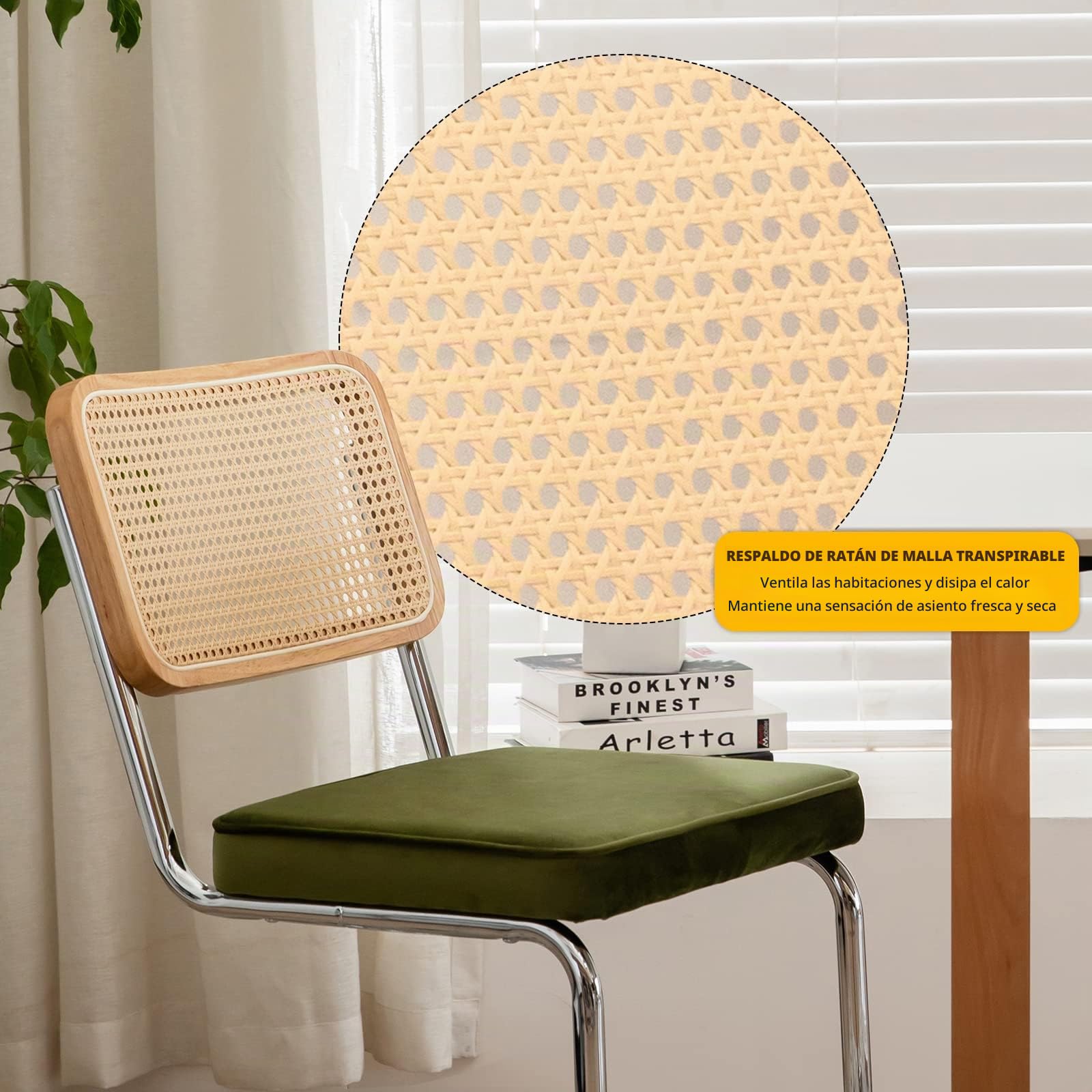Bladez Juego de 4 sillas de comedor cantilever de terciopelo y ratán, trenzado vienés, con estructura cromada, sillas cantilever Mid-Century, para comedor, sala de estar (verde)