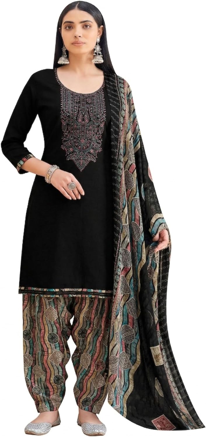 ladyline Womens Cotton Patiala Salwar Kameez Suit Set | Embroidered Kurta with, Printed Salwar Pant, Chiffon Dupatta | Ethnic