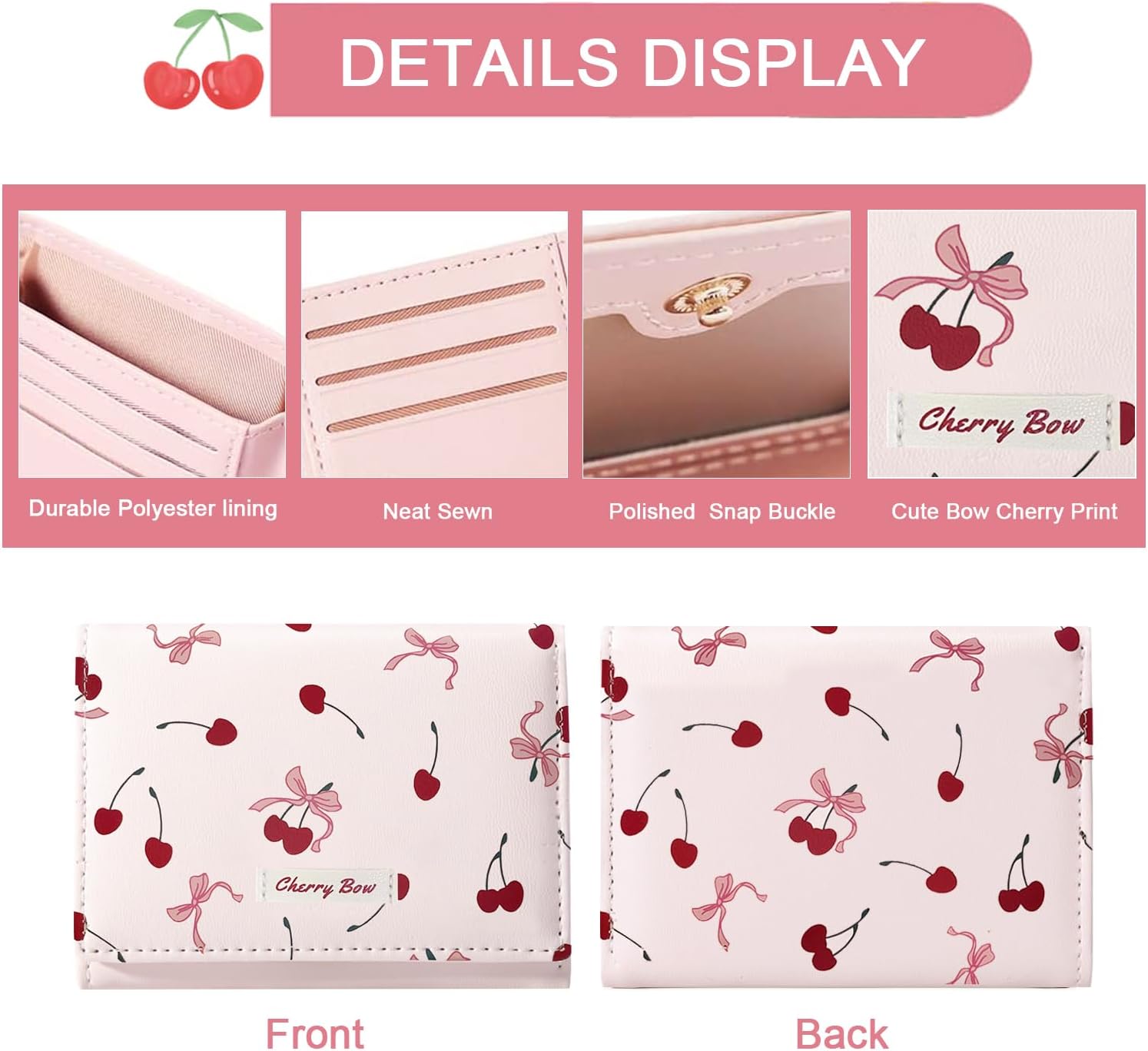 Sunwel Fashion Girls Cute Cherry Print Coquette Bow Wallet Small Wallet Card Holder ID Window for Women (PINK) - Image 4