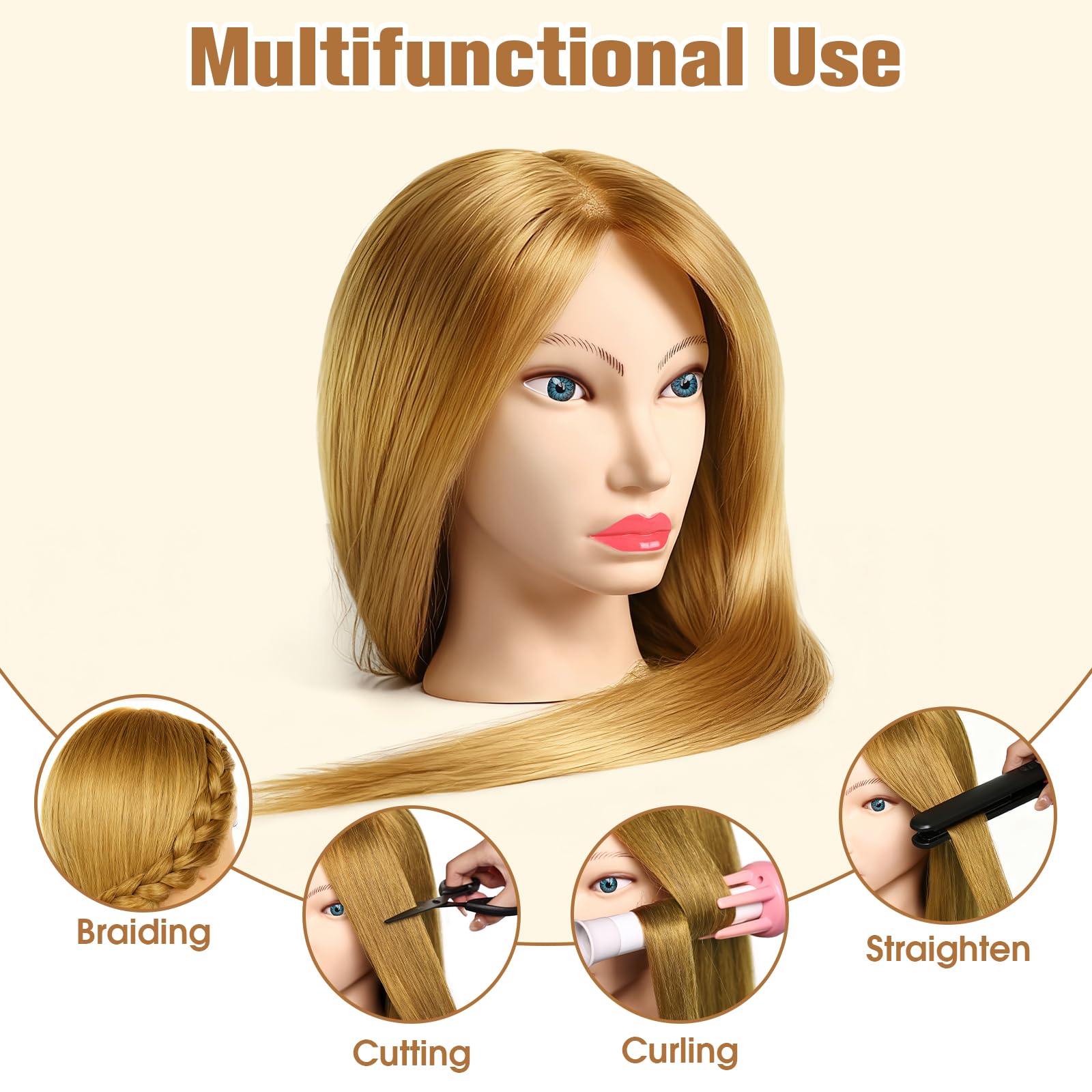 TopDirect Testa di manichino da 66 cm, 80% capelli veri, per cosmetologia, parrucchiere, manichino, con morsetto da tavolo + set per treccia (capelli dorati + occhi azzurri)