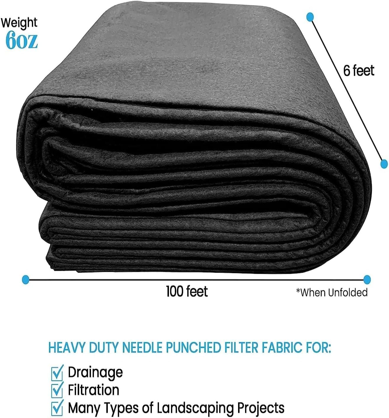 Garvee Geotextile Landscape, 6 ft x 100 ft & 6 oz Geotextile Fabric, PP Drainage 350N Tensile Strength & 440N Load Capacity, for Driveway & Road Stabilizationr, Erosion Control, French Drains
