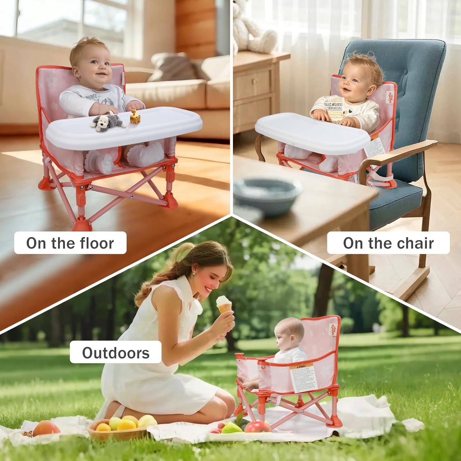 Tiny Marvels Portable 3-in-1 Baby Chair, Cozy Booster Seat, Baby Seat with Tray, Compact Foldable, Toddler Chair with Child Safety Belt Carry Bag, Perfect for Travel (Blush Petals)