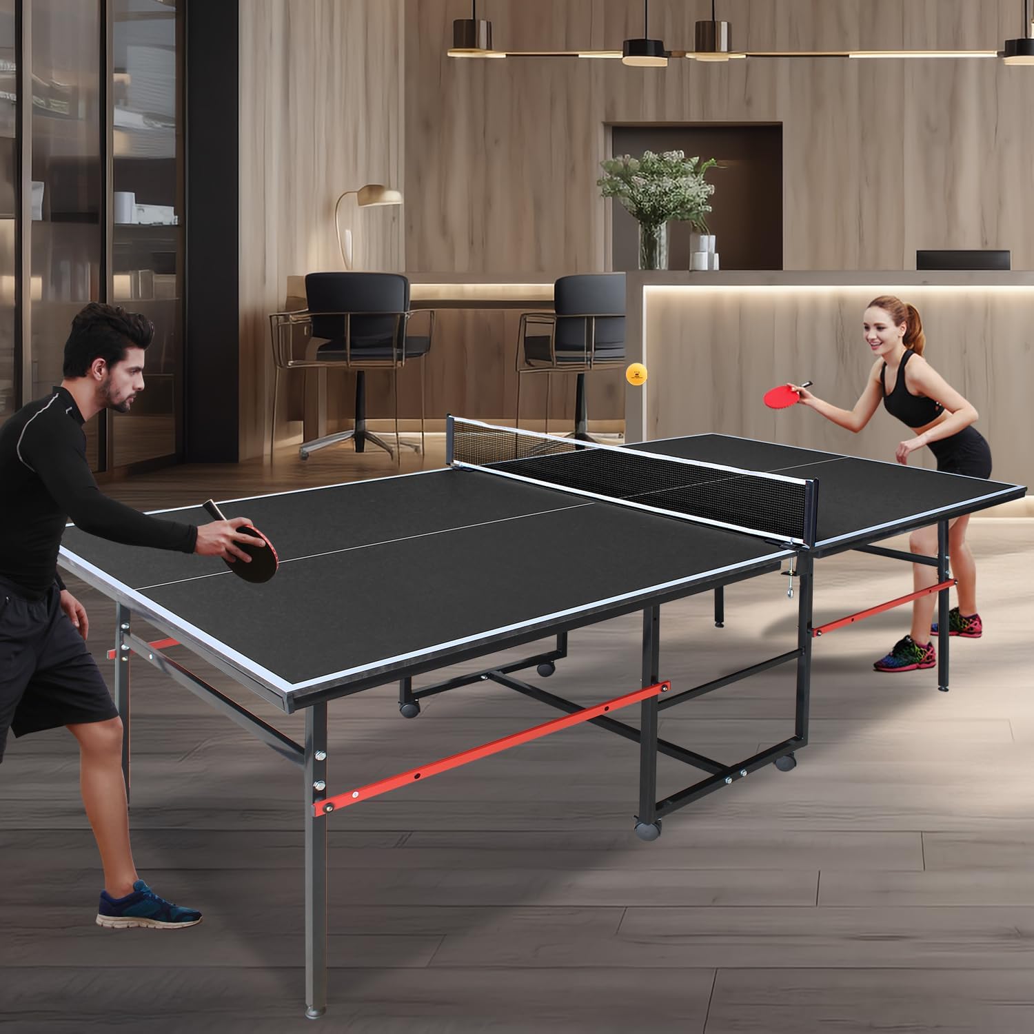 AOKUNG 8x4FT Folding Ping Pong Table with Wheels, 2 Rackets, 3 Balls & Net - Portable Indoor/Outdoor Table Tennis Table, Black
