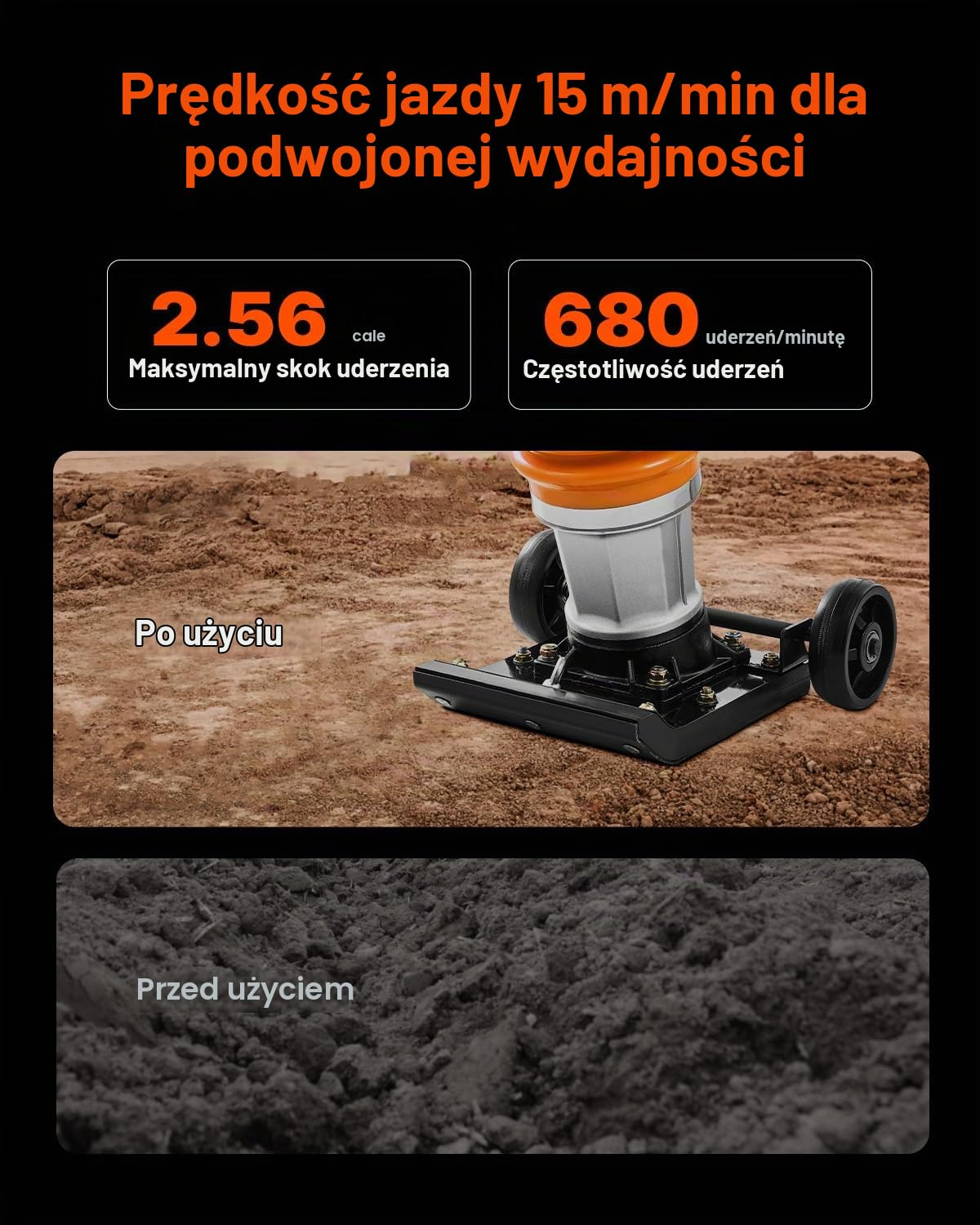 VEVOR Zagęszczarka do skoków, 6,5 KM, ubijak wibracyjny, napędzany paliwem 196 cm³, siła uderzenia 1,632 kg, maksymalna głębokość zagęszczania 66 cm, do gleby, żwiru, fundamentów, płyt betonowych i