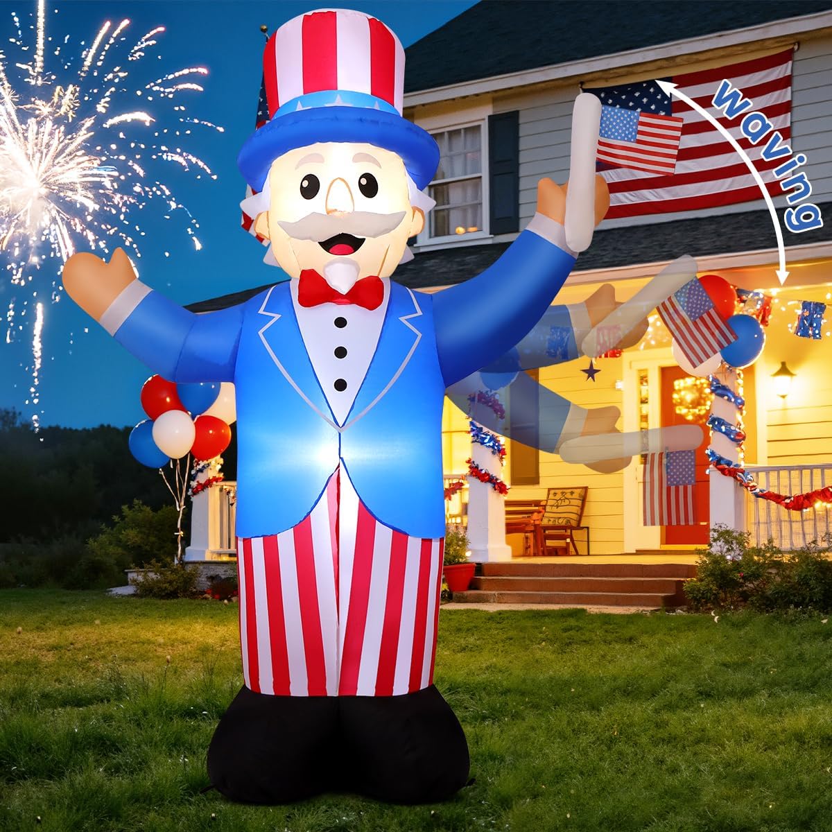 COMIN 7.2 FT Patriotic Independence Inflatable Outdoor Decorations,Waving Flag Uncle Sam with Built-in LEDs for 4th of July Indoor Party Garden Lawn Decor