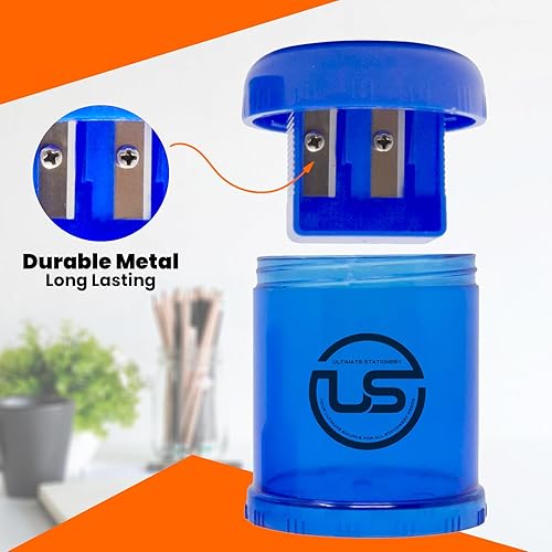 Miniatura 4 de Sacapuntas de lápiz, paquete de 8 sacapuntas azules de doble agujero con receptáculo, sacapuntas manuales para lápices o crayones regulares y de