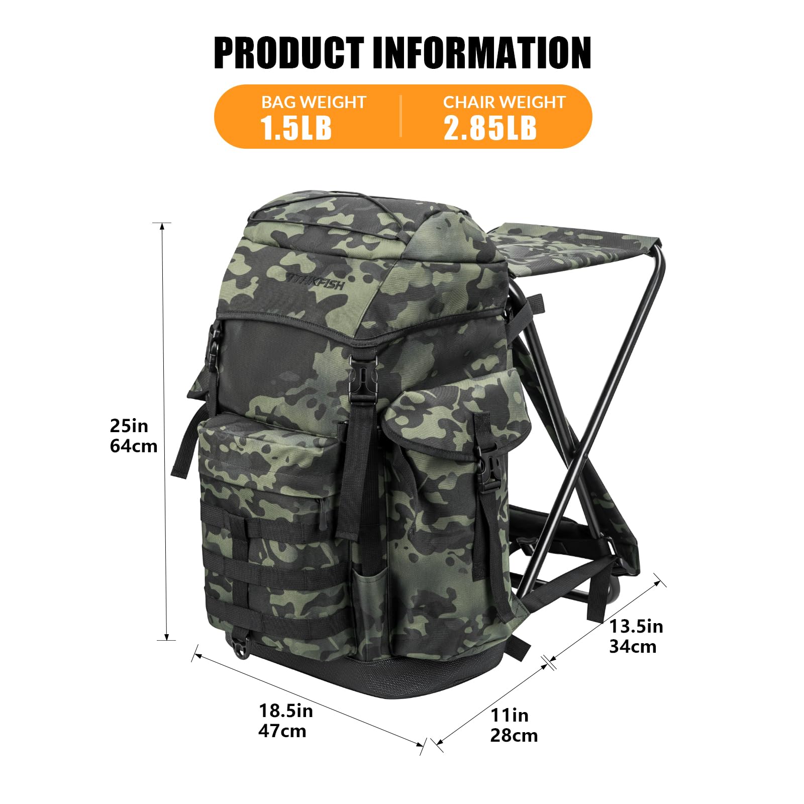 THKFISH Mochila de pesca con silla, camuflaje, Pesca