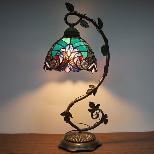 Miniatura 3 de WERFACTORY Lámpara de vitrales estilo Tiffany, lámpara de mesita de noche, luz de escritorio de lectura, base de hoja de metal, 8 x 10 x 21