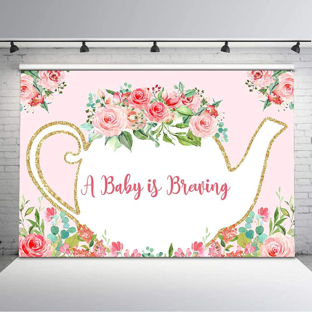 Avezano 7x5ft A Baby is Brewing Baby Shower Backdrop Pink Blush Flower Spring Baby Shower Background Vinyl Watercolor Floral Tea Party Baby Shower Backdrops Cake Decorations