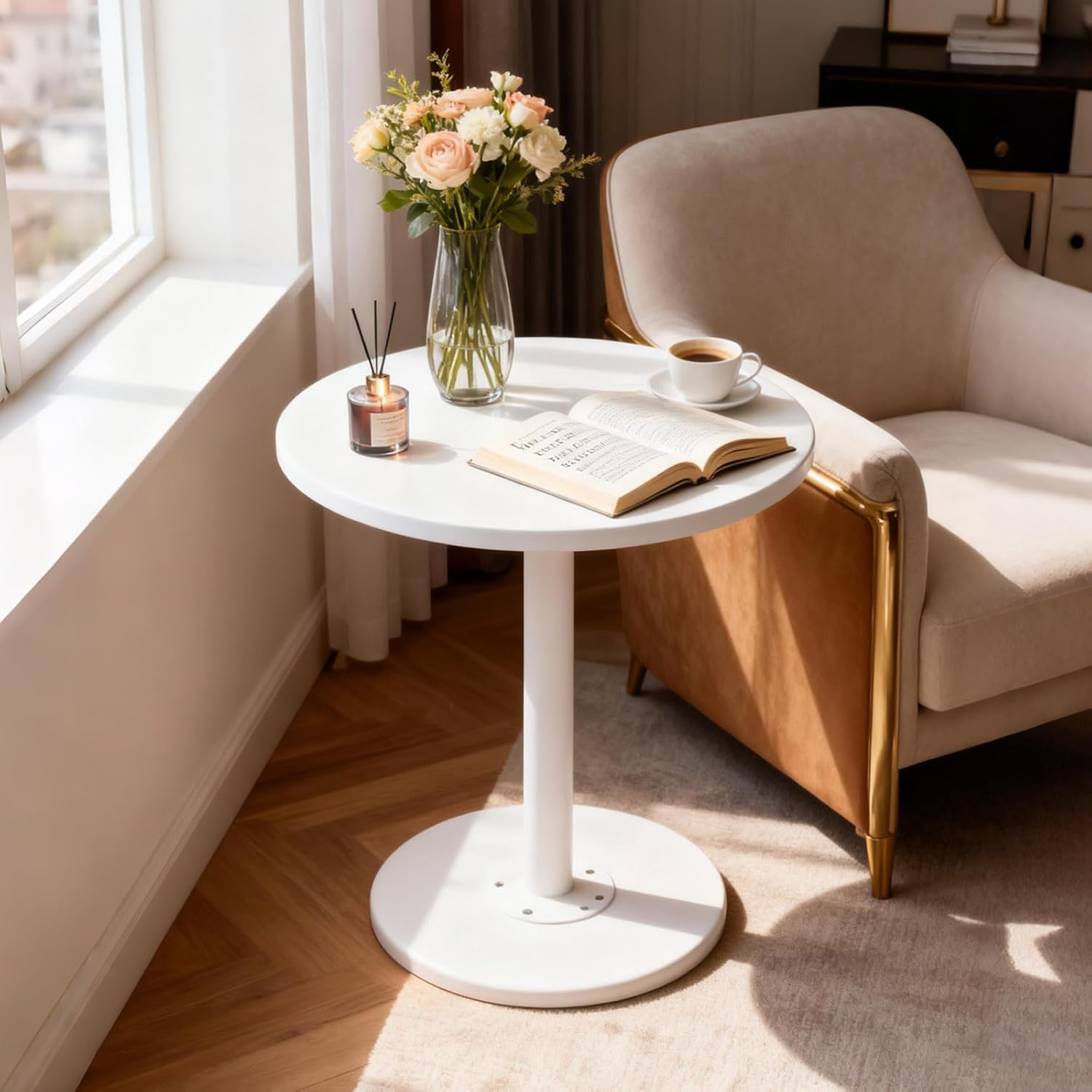 Round Side Table,End Table,Coffee Table,Small Round Side Table with Marble Grain for Living Room,Bedroom Office and Small Spaces,Wood Base,Easy Assembly (White)