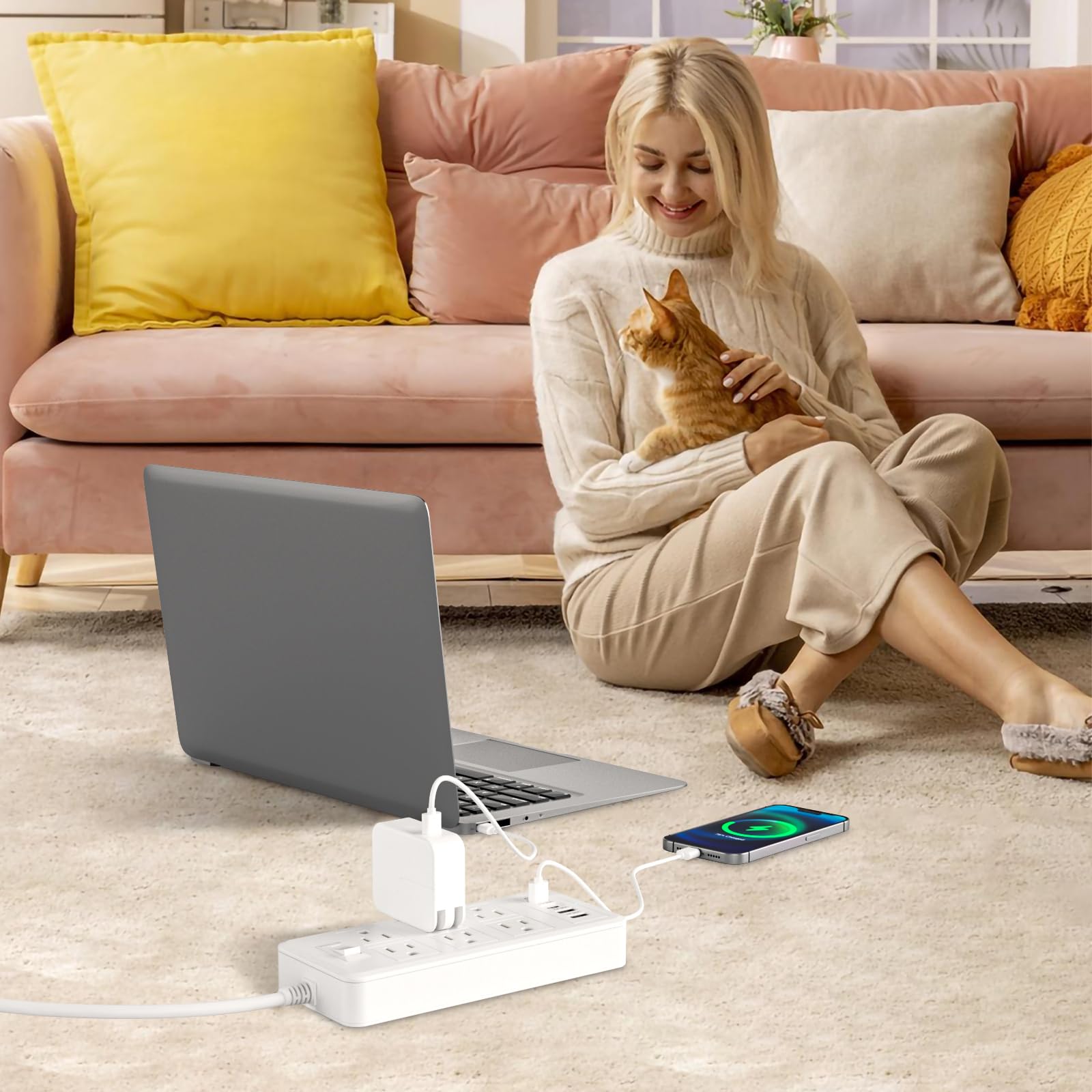 Verlängerungskabel, 1,8 m, Überspannungsschutz mit 6 AC-Ausgängen, 4 USB-Ports (2 USB-C-Ports), max. 17 Watt für Telefon, flacher Netzteil, Kiudth für Reisen, Büro