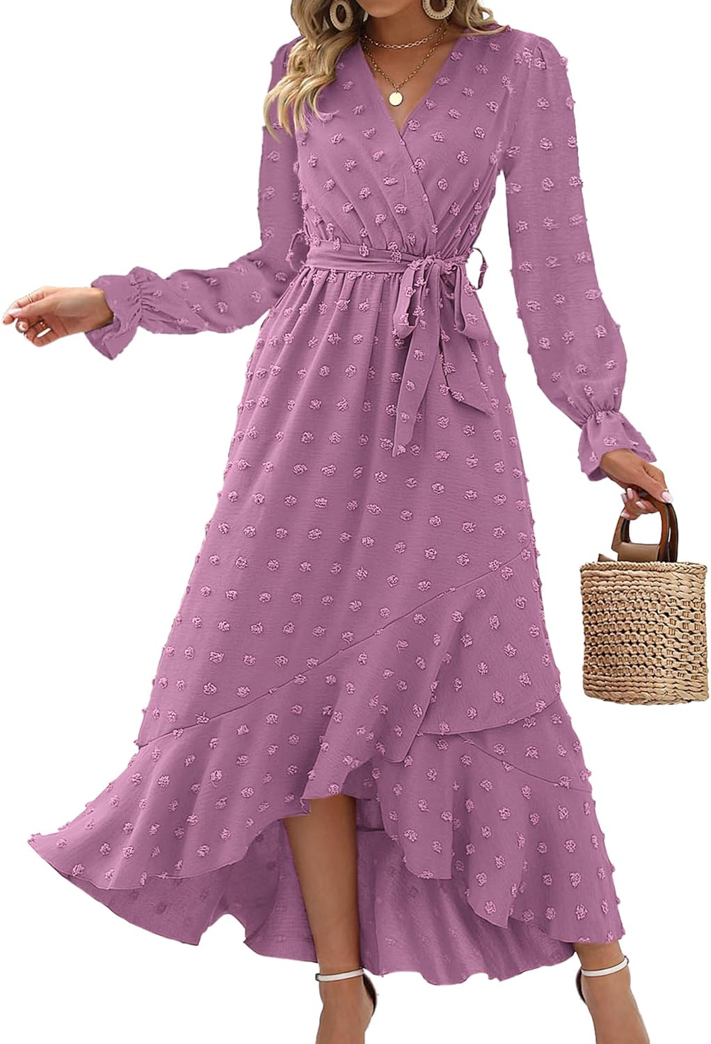 BTFBM Long Sleeve Maxi Dresses for Women V Neck Swiss Dot Boho Flowy Slit Cocktail Wedding Guest Dress Fall Clothes 2025