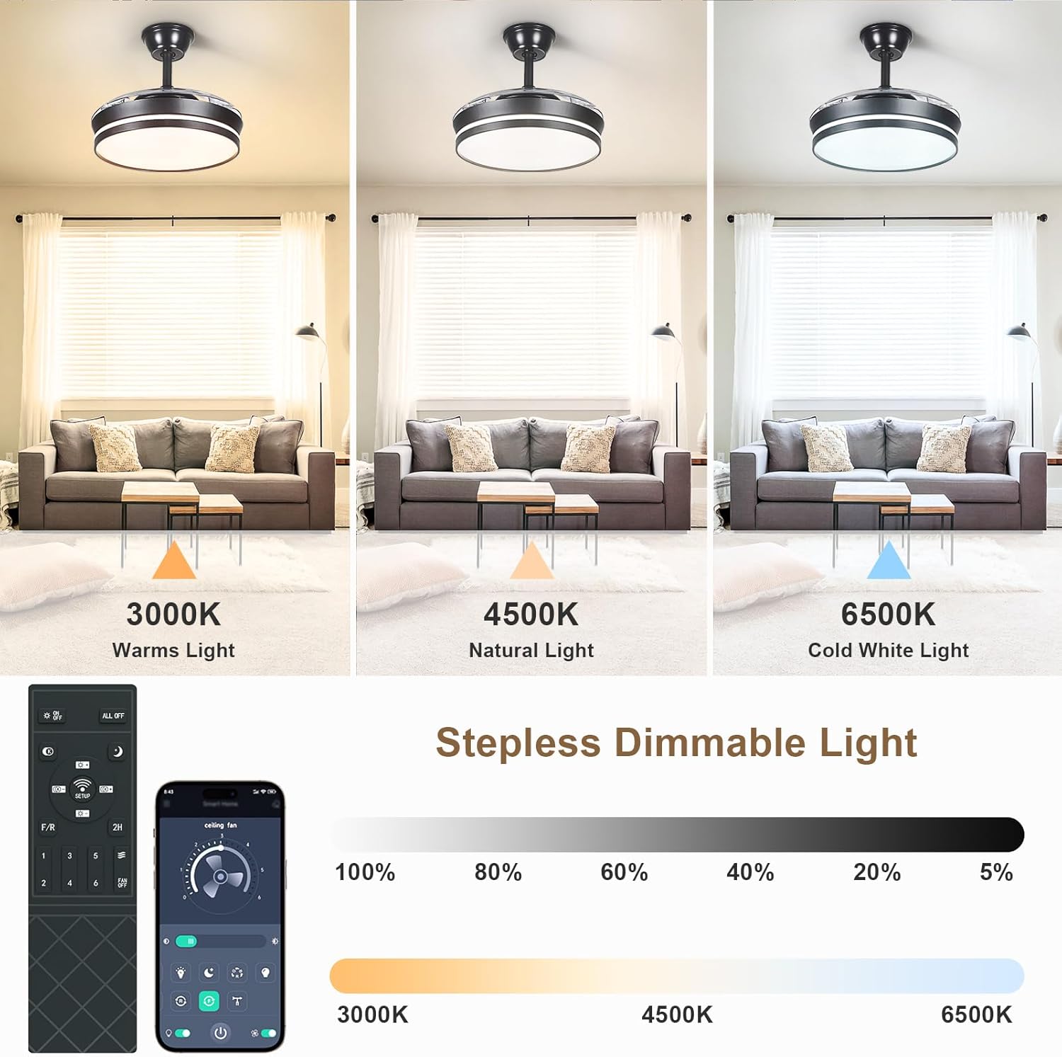Depuley Retractable Ceiling Fans with Lights: 36 Inch Modern Chandelier Ceiling Fan with Remote & APP Control - Reversible Silent Smart Black Dimmable LED Fandelier for Living Room Bedroom Timming