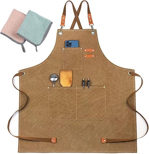 Miniatura 8 de JINSHANGTOPK Chef Apron, Aprons for Men,Adjustable Strap Cotton Canvas Cross Back Apron for Kitchen Cooking Baking Bib Apron