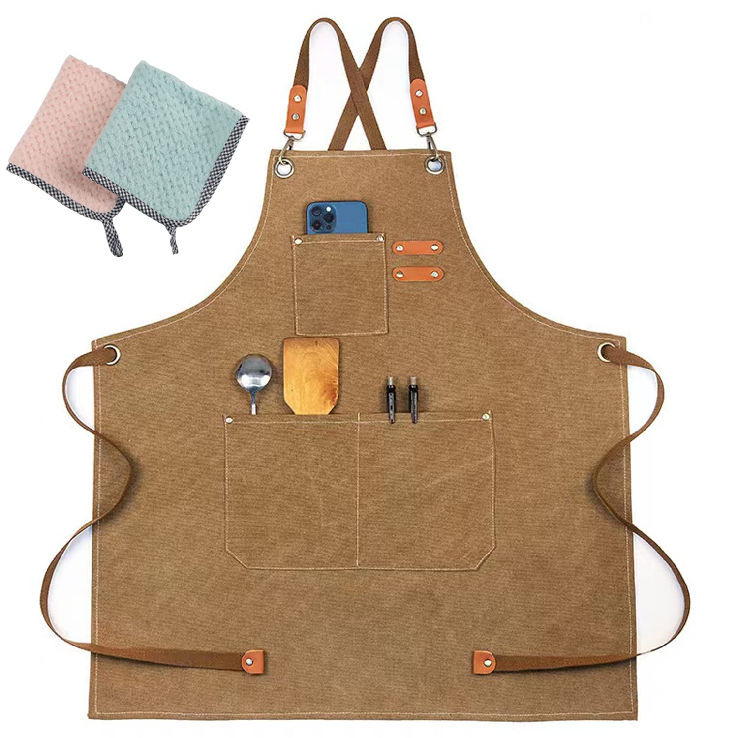 JINSHANGTOPKChef Apron, Aprons for Men,Adjustable Strap Cotton Canvas Cross Back Apron for Kitchen Cooking Baking Bib Apron