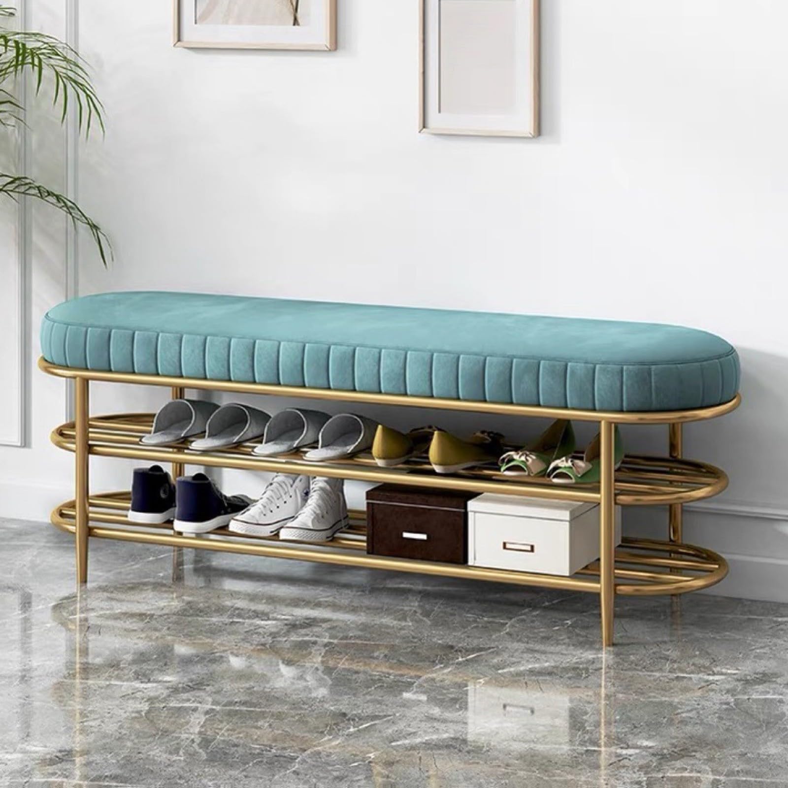 WJFTODAY 3 Tier Velvet Upholstered Shoe Rack Bench Entryway Storage for Bedroom Hallway Closet & Doorway Stylish Shoe Shelf & Seating Solution 100cm