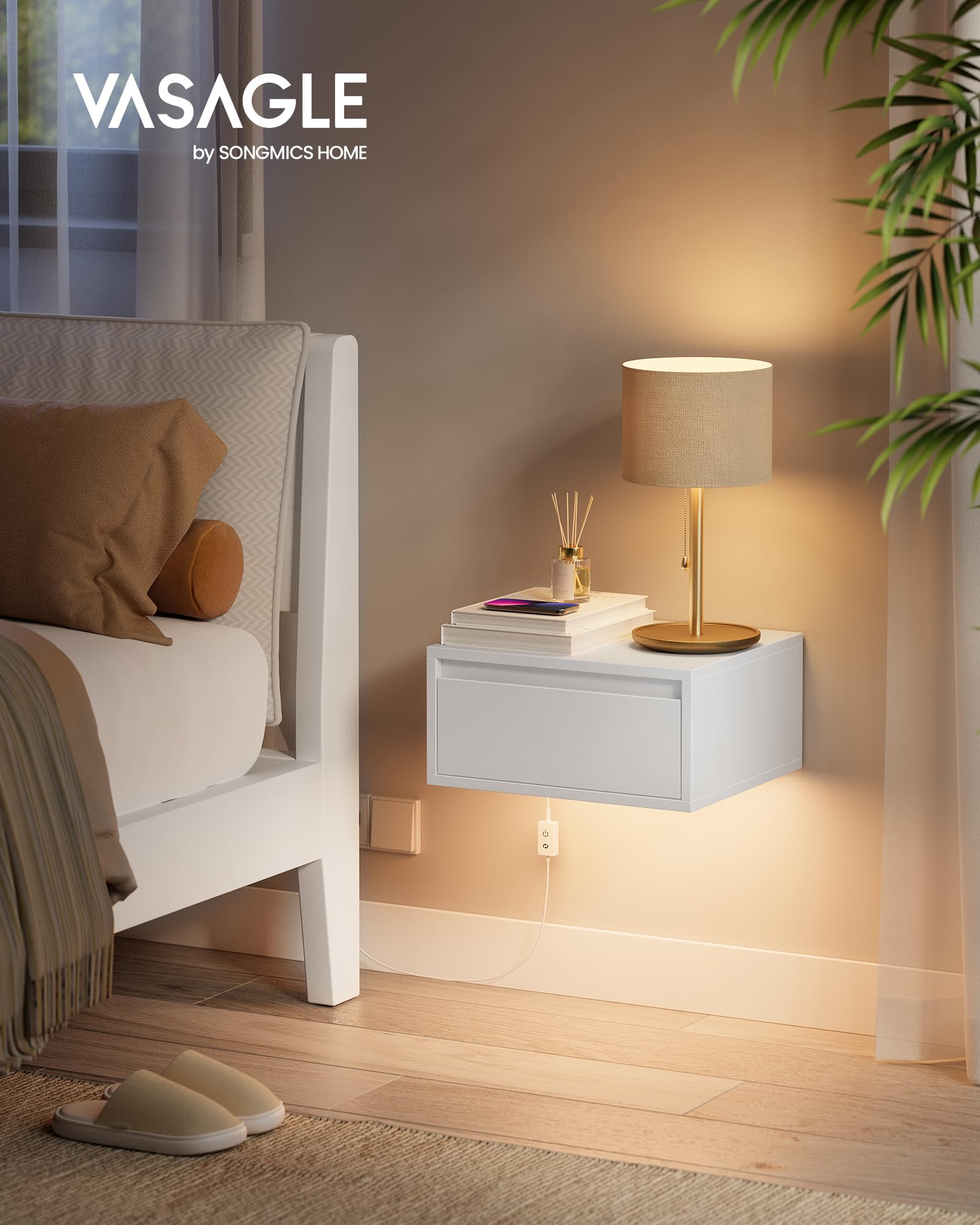 VASAGLE KAILYN Collezione - Comodino Pensile, Set di 2 Comodini Sospesi, Luce Regolabile, Cassetto, Mensola da Parete, 35 x 40 x 18 cm, Moderno, Camera da Letto Soggiorno, Bianco Nuvola LET854W01
