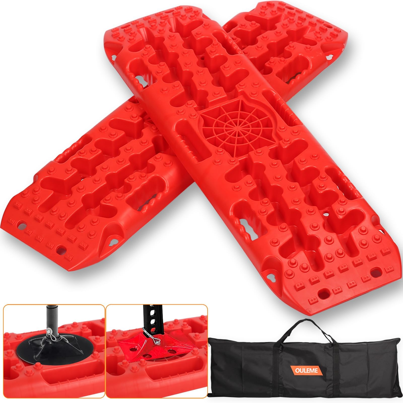 OULEME Off-Road Traction Boards with Jack Lift Base, Recovery Board for Sand, Mud, and Snow Tracks - Tire Traction Pads for RV Truck Jeep SUV (Red)
