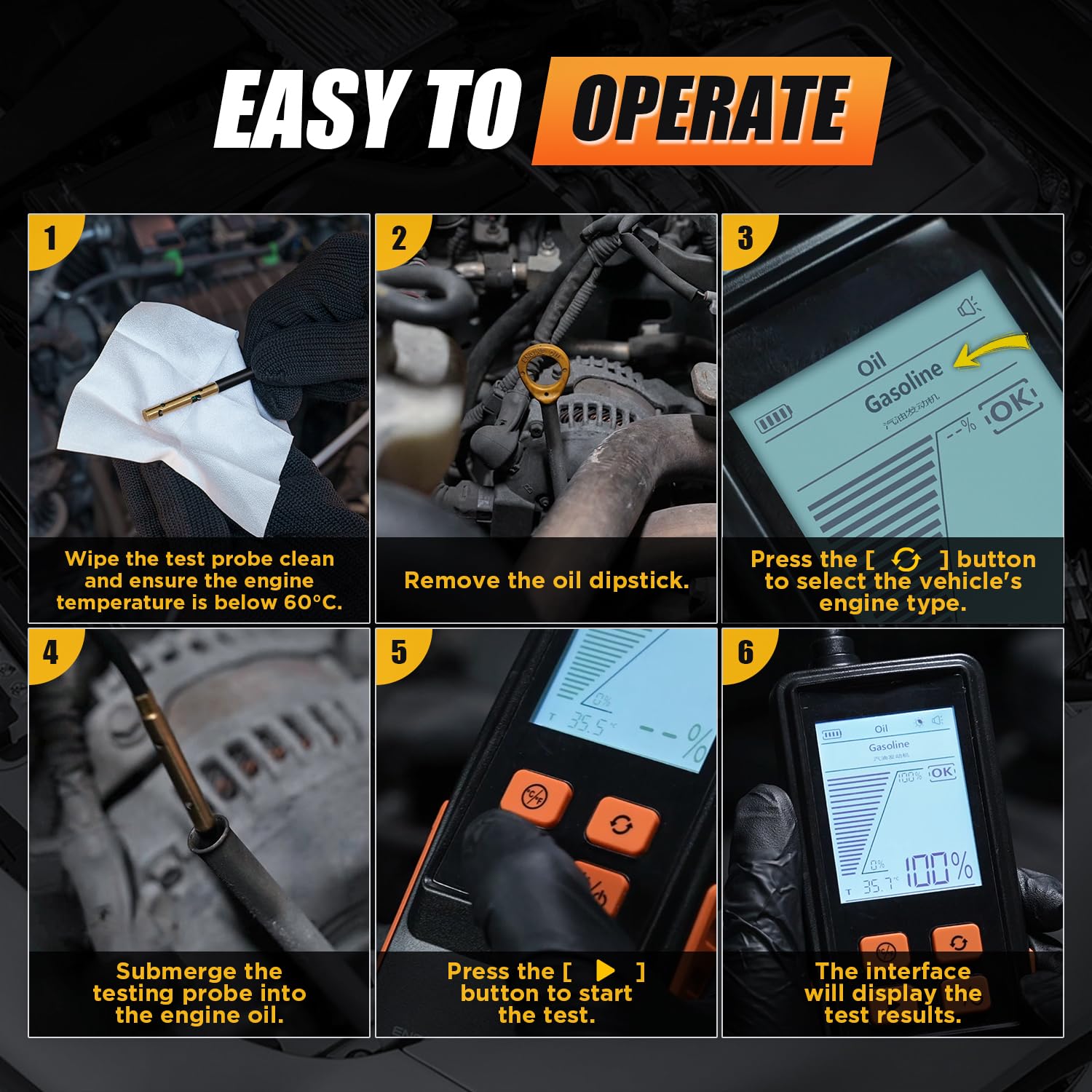 Probador de aceite de motor, probador de calidad de aceite de motor diésel y gasolina, sonda extendida de 50 pulgadas y respuesta rápida, analizador profesional de aceite de motor con pantalla LCD de